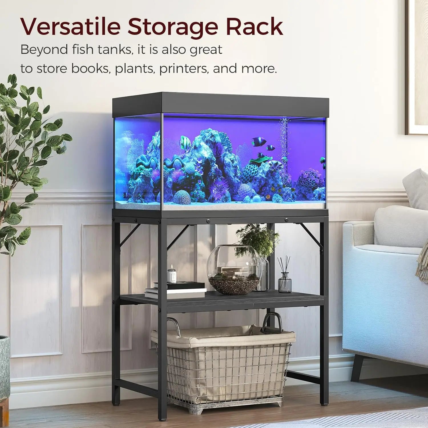 Heavy Duty 20 Gallon Aquarium Stand with 2-Tier Storage Shelves, Black Metal Rack for Home or Office