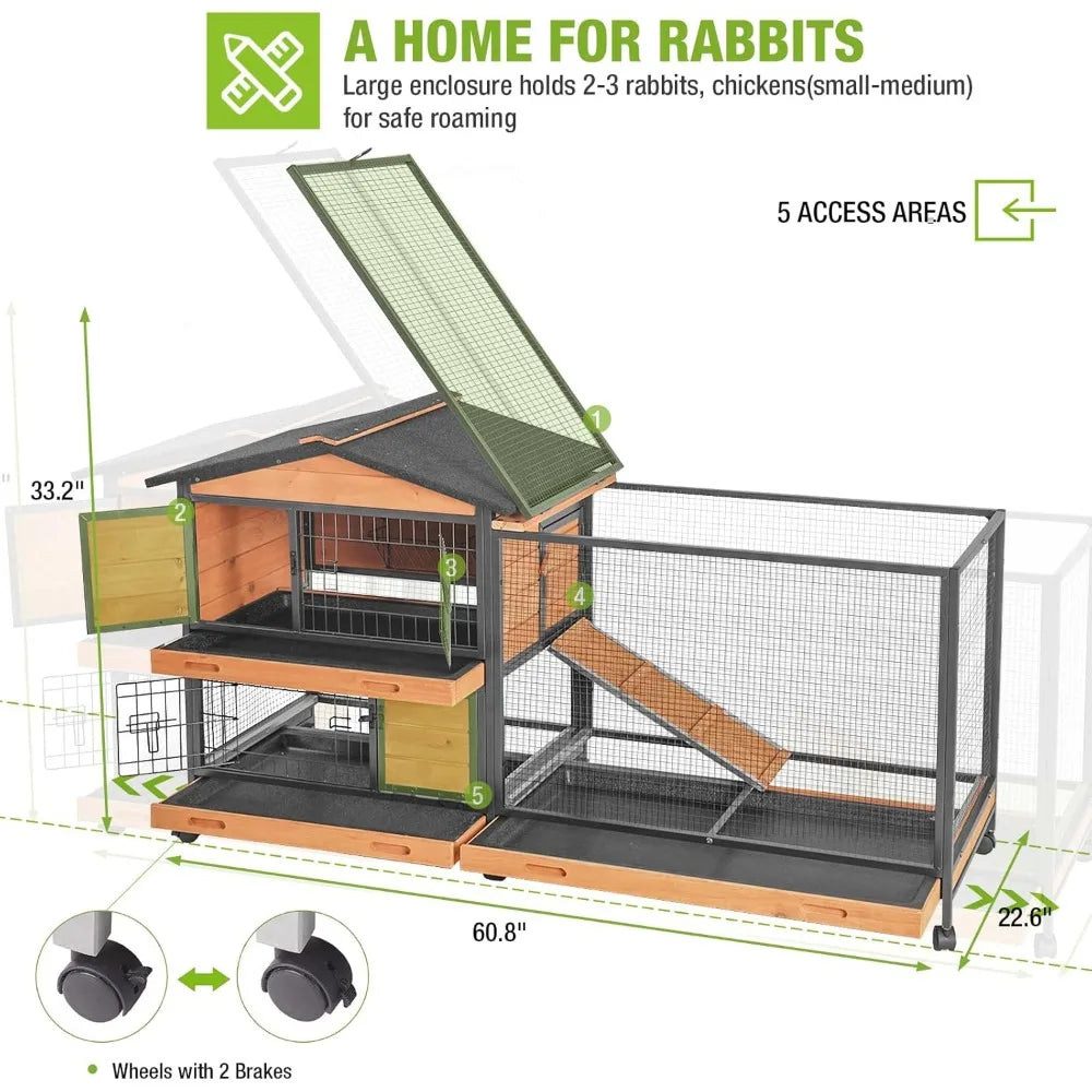 Indoor Outdoor Rabbit Cage with Wheels and Leakproof Tray