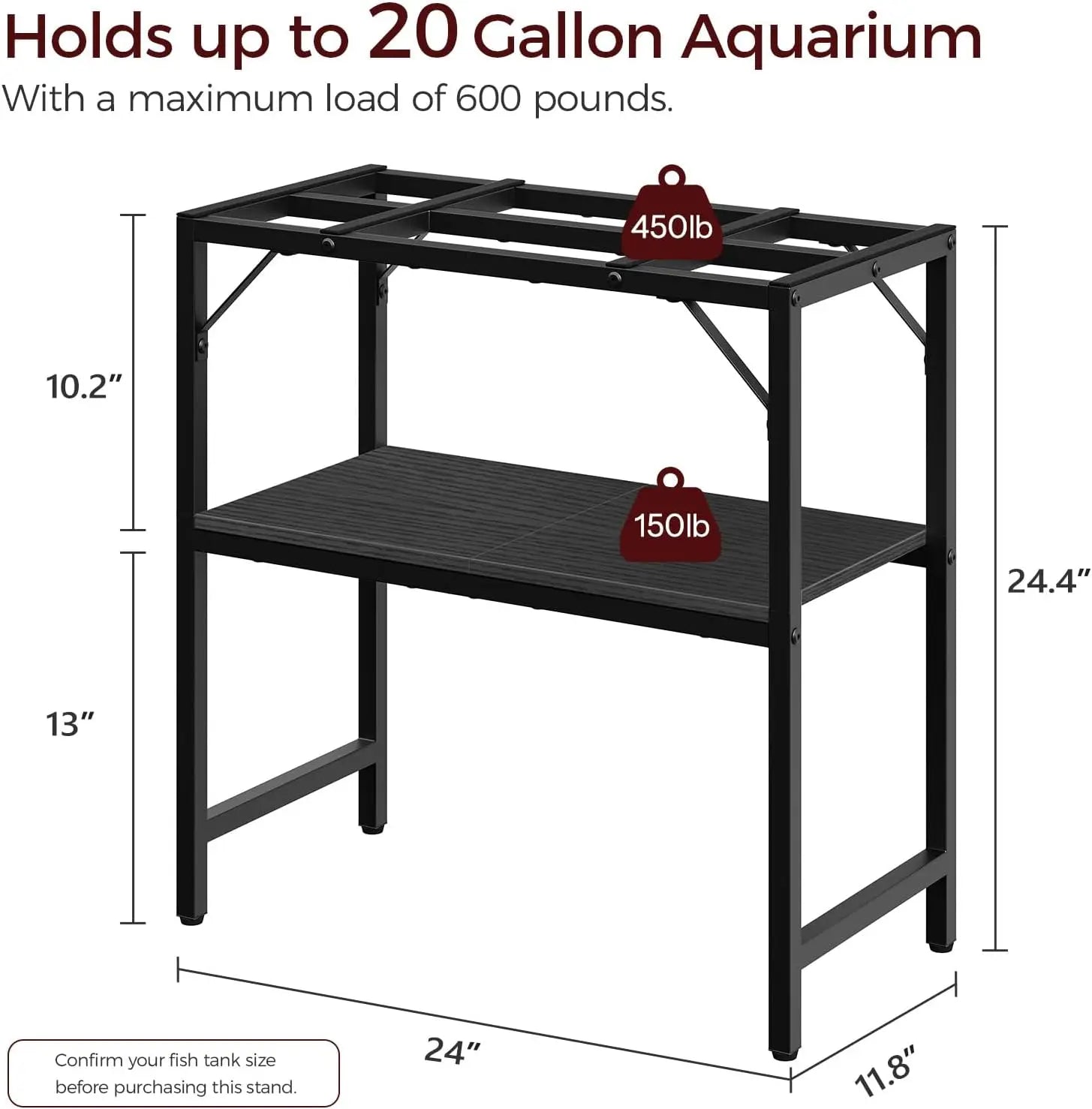 Heavy Duty 20 Gallon Aquarium Stand with 2-Tier Storage Shelves, Black Metal Rack for Home or Office