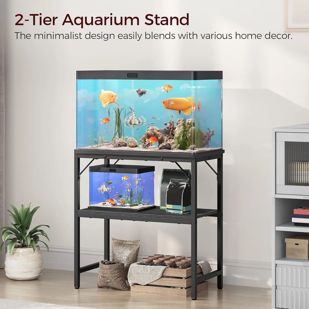 Heavy Duty 20 Gallon Aquarium Stand with 2-Tier Storage Shelves, Black Metal Rack for Home or Office