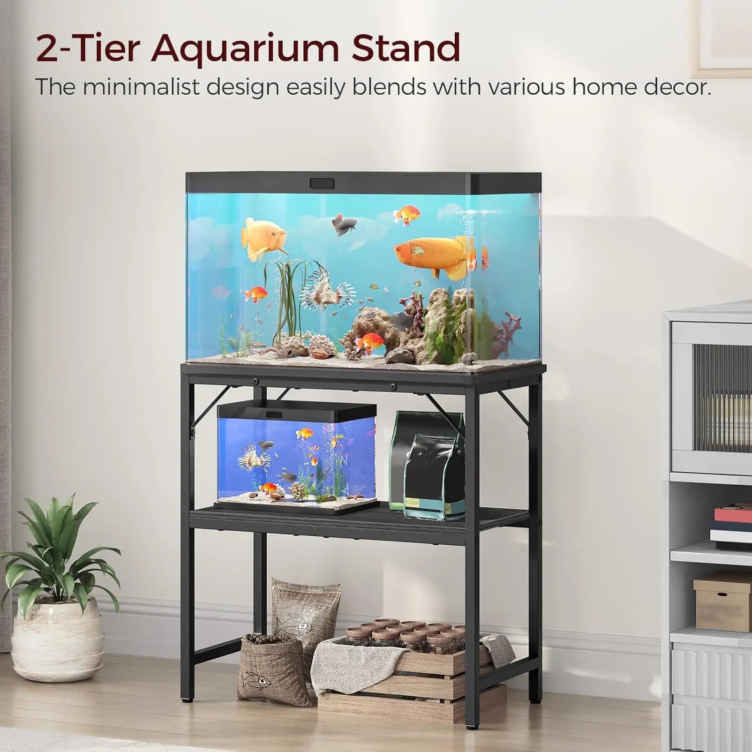 Heavy Duty 20 Gallon Aquarium Stand with 2-Tier Storage Shelves, Black Metal Rack for Home or Office