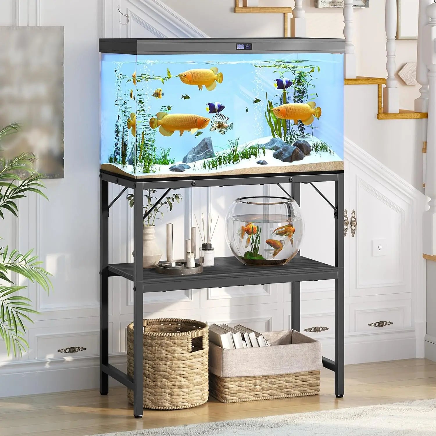 Heavy Duty 20 Gallon Aquarium Stand with 2-Tier Storage Shelves, Black Metal Rack for Home or Office